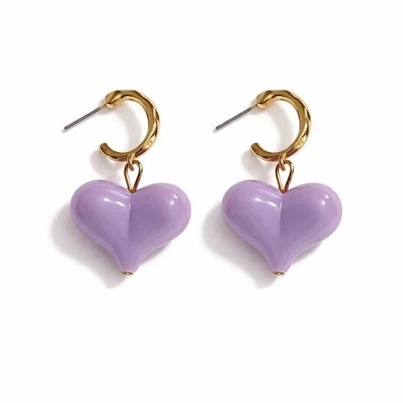 Gold and Purple Heart Earrings - Picture 1 of 7